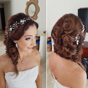 Side swept fishtail with curls for a Dreams Tulum Bride. Doranna Wedding Hairstylist & Bridal Makeup Artist