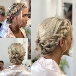 Dutch braid and low bun for bridesmaid. Doranna Wedding Hairstylist & Bridal Makeup Artist in Riviera Maya, Mexico