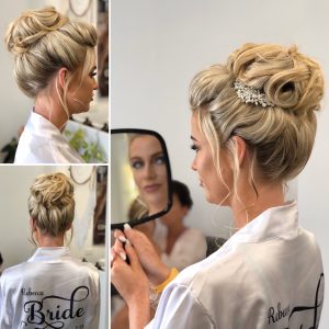 Bridal high bun by Doranna Wedding Hairstylist & Bridal Makeup Artist in Mexico