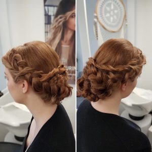 Dutch braid with curls low bun in Playa del Carmen. Doranna Wedding Hairstylist & Bridal Makeup Artist
