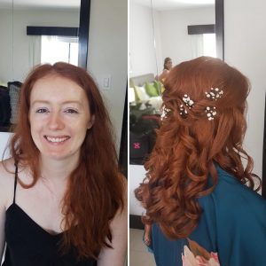 Before and after hairstyling for ginger bride by Doranna Wedding Hairstylist & Bridal Makeup Artist in Playa del Carmen, Mexico