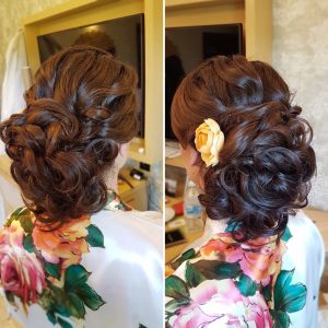 Romantic curls updo for beach bride at Grand Palladium Colonial. Doranna Wedding Hairstylist & Bridal Makeup Artist