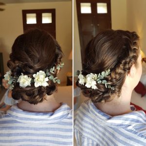 Romantic braided low bun Doranna Wedding Hairstylist & Bridal Makeup Artist at Hacienda del Mar, Mexico