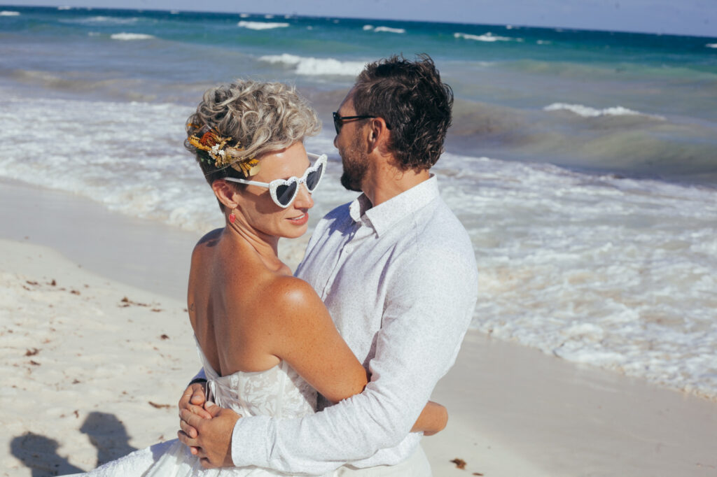 Short hair bride by Doranna Hairstylist & Makeup Artists in Tulum, Mexico.